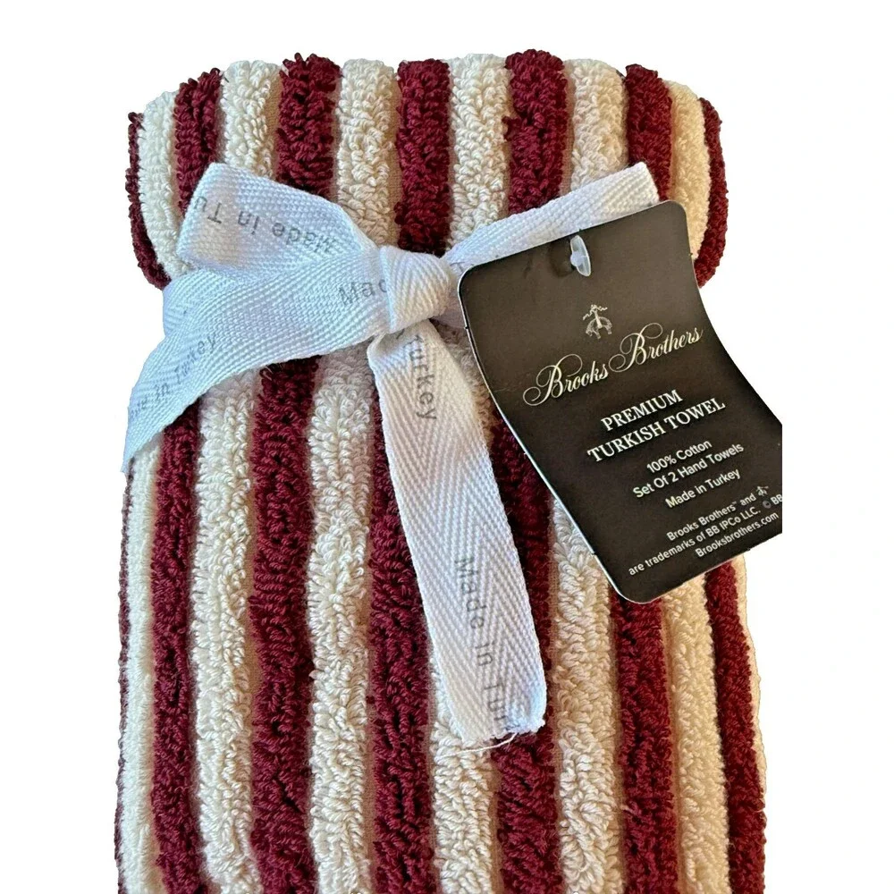 Brooks Brothers Hand Towels Ivory Dark Red Luxury Thick Turkish Cotton Set of 2